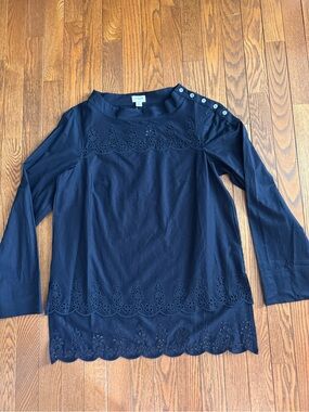 New J. Crew Navy Eyelet-Trim Long Sleeve Tee with Shoulder Buttons